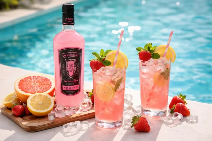 Pink Whitney summer cocktails with fresh fruit and ice