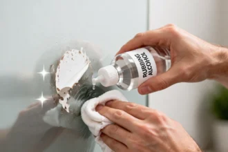 Rubbing Alcohol for Sticker Residue being used to remove sticky label glue from a glass jar
