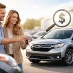 Used Honda CRV parked at a local dealership while a buyer compares prices and vehicle condition