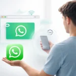 WhatsApp 網頁版 login interface on laptop showing WhatsApp Web chat screen