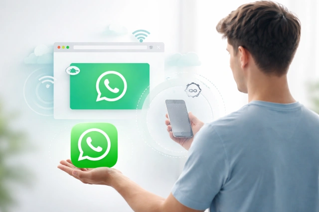 WhatsApp 網頁版 login interface on laptop showing WhatsApp Web chat screen