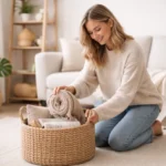 Burr Basket on an entryway console holding keys, mail, and everyday essentials to keep the space neat