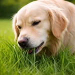 Dog eating grass in a backyard on a sunny day