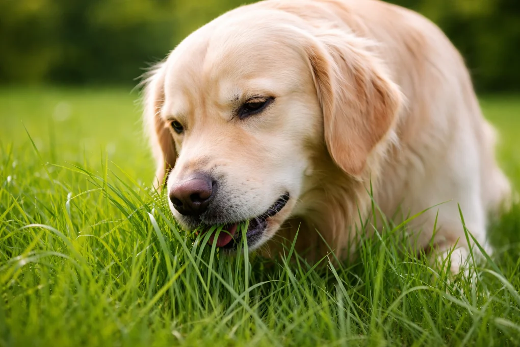 Dog eating grass in a backyard on a sunny day