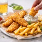 crispy рыба и картофель фри served with fries and dipping sauces