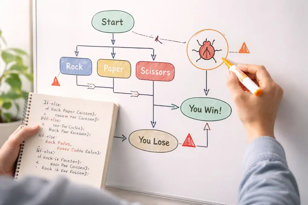 Student completing 4.7.11 Rock Paper Scissors CodeHS in Java with game logic and debugging notes