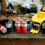 Vivid lineup of various 6V battery, a heavy-duty portable lantern, and a yellow toy truck on a rustic wooden workshop surface, illustrating power options for toys and backup devices.
