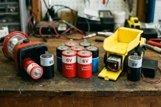 Vivid lineup of various 6V battery, a heavy-duty portable lantern, and a yellow toy truck on a rustic wooden workshop surface, illustrating power options for toys and backup devices.