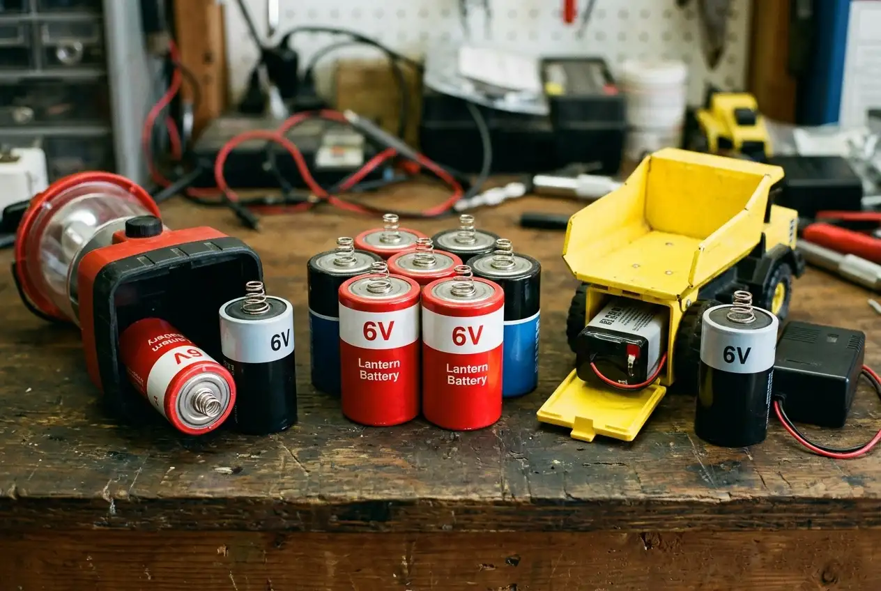 Vivid lineup of various 6V battery, a heavy-duty portable lantern, and a yellow toy truck on a rustic wooden workshop surface, illustrating power options for toys and backup devices.