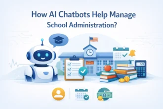 AI chatbot managing school tasks like scheduling, finance, and administration with books, calendar, calculator, and school building.