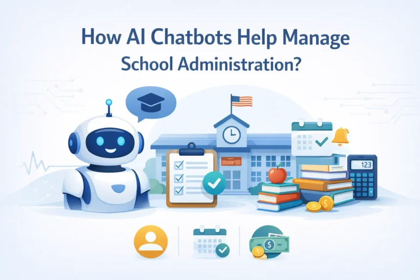 AI chatbot managing school tasks like scheduling, finance, and administration with books, calendar, calculator, and school building.