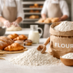sacks of all purpose flour uk in a commercial bakery supply setting