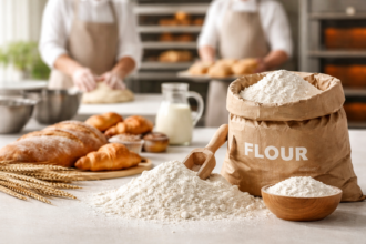 sacks of all purpose flour uk in a commercial bakery supply setting