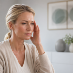 Person experiencing BVD in Humans symptoms such as eye strain, headache, and blurred vision while reading on a laptop