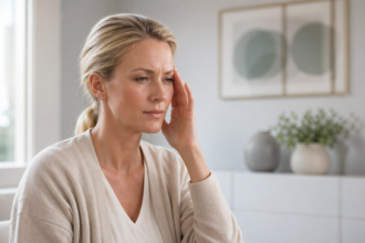 Person experiencing BVD in Humans symptoms such as eye strain, headache, and blurred vision while reading on a laptop