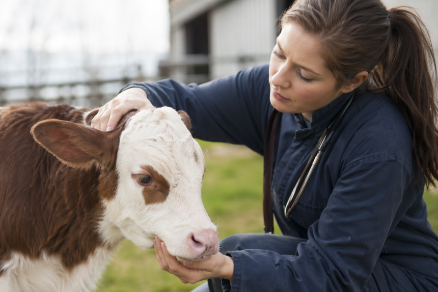 Farmer checking BVD Symptoms in cattle, including dull eyes, nasal discharge, and early signs of illness in a herd