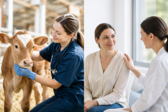 BVD Treatment comparison for animals vs humans showing cattle care and medical treatment concepts