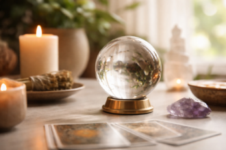Ball Crystal Ball styled in a modern spiritual space with candles, books, and soft natural light