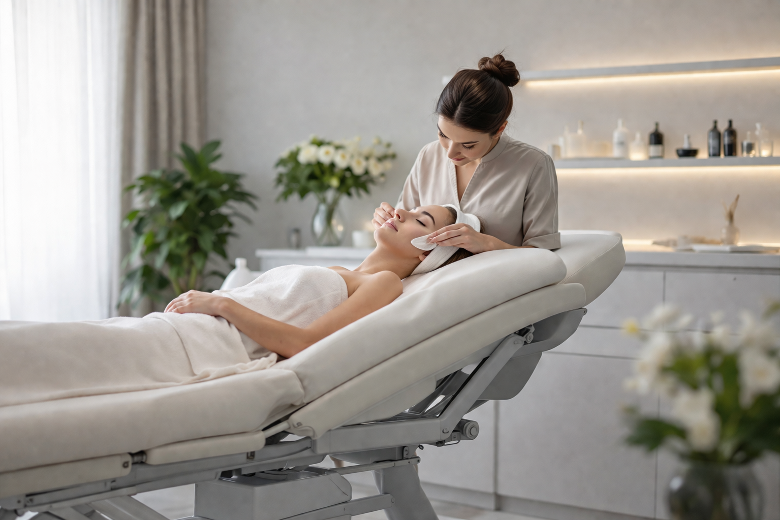 Beauty Bed in a modern salon treatment room designed for client comfort and professional beauty services