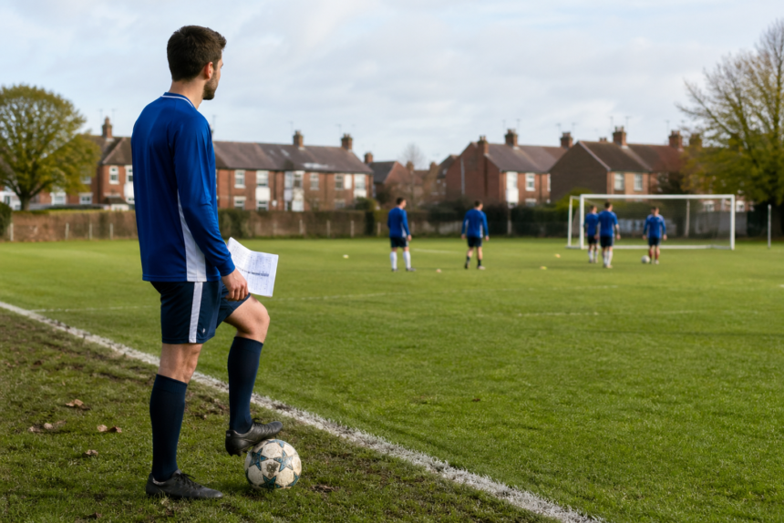 Birkenhead Sunday League local football players competing on a Sunday matchday pitch