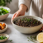 Black Puy lentils in a rustic bowl with herbs and vegetables