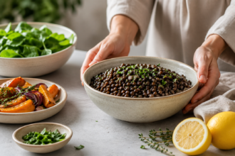 Black Puy lentils in a rustic bowl with herbs and vegetables