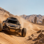 Blaze Runner desert racing gameplay with vehicle dodging rocks and sharp turns in a 3D level