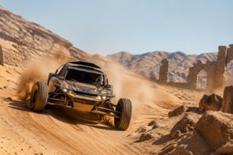 Blaze Runner desert racing gameplay with vehicle dodging rocks and sharp turns in a 3D level