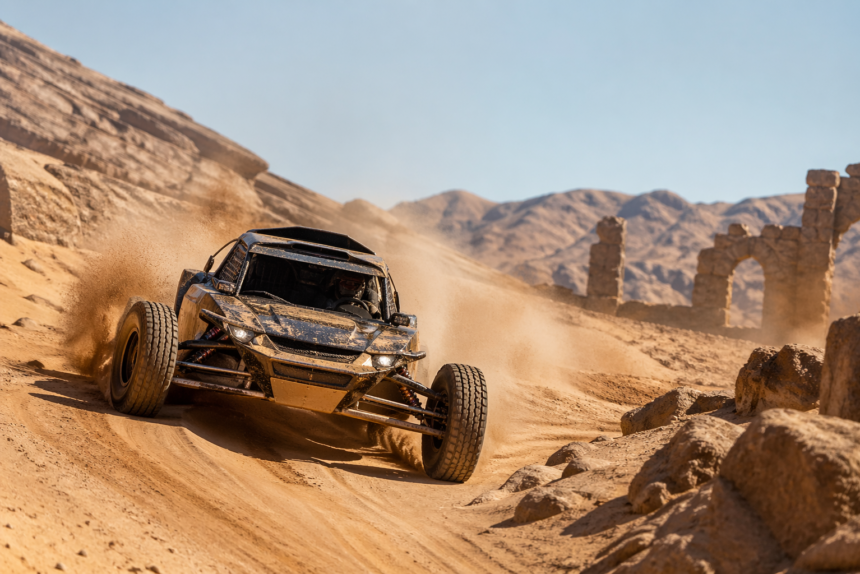 Blaze Runner desert racing gameplay with vehicle dodging rocks and sharp turns in a 3D level