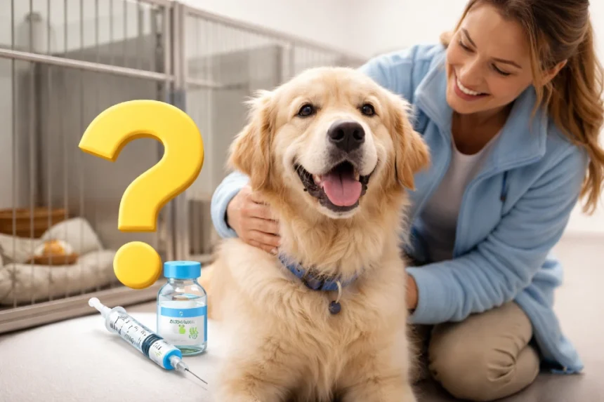 A veterinarian administering a Bordetella vaccine to a golden retriever in a clinic.