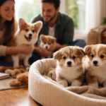Breeding Corgi mother with healthy newborn puppies in a safe whelping area