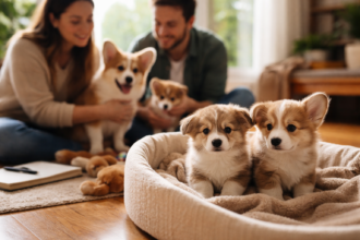 Breeding Corgi mother with healthy newborn puppies in a safe whelping area
