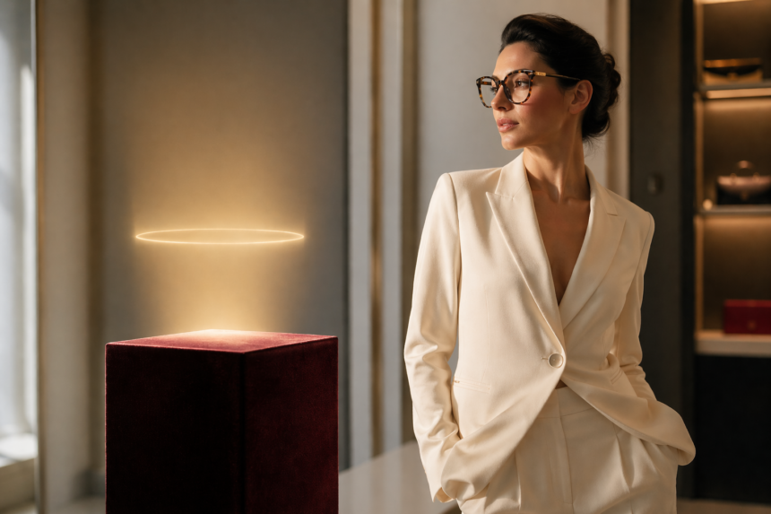 Stylish person wearing Buffs Glasses with luxury Cartier-inspired frames in a modern fashion setting