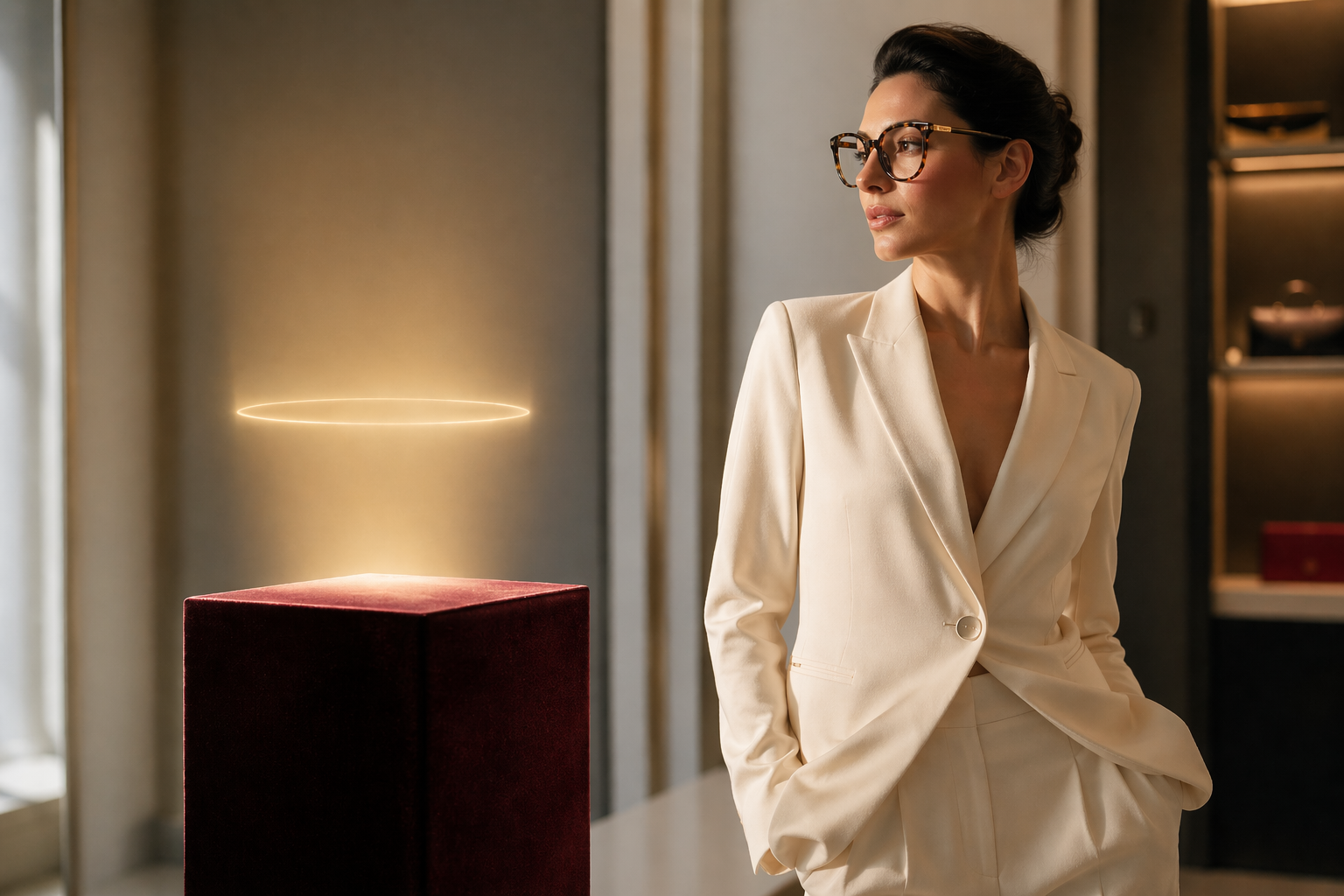 Stylish person wearing Buffs Glasses with luxury Cartier-inspired frames in a modern fashion setting