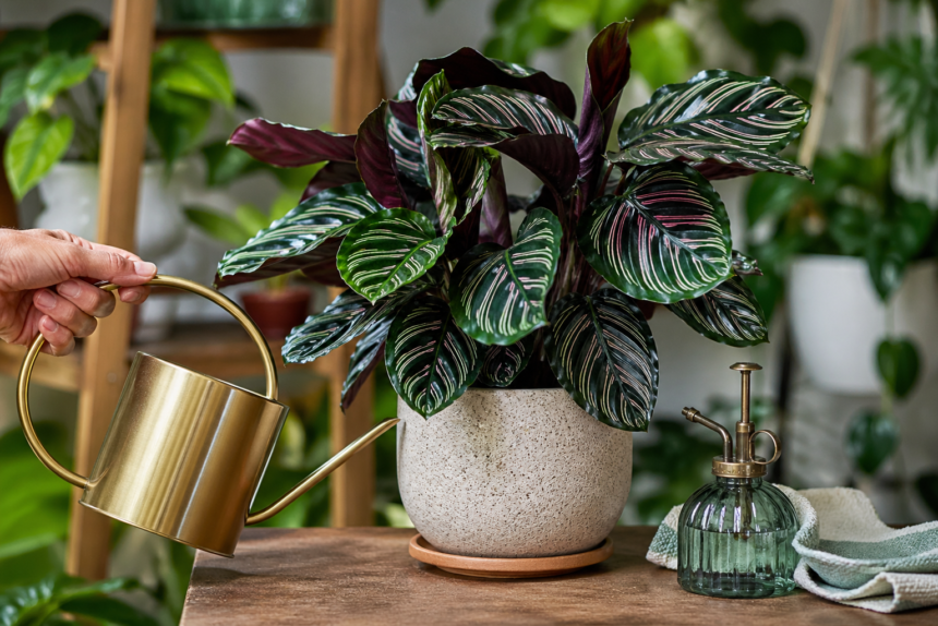 Healthy Calathea indoor plant with colorful patterned leaves in a bright modern home