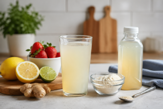 Certo Detox cleansing concept with fruit pectin, water, fresh fruit, and a clean wellness setup