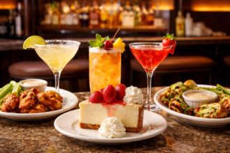 Cheesecake Factory Happy Hour menu favorites with drinks and small plates on a bar table