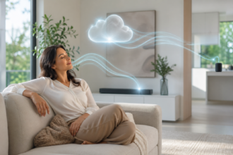 Cloud Connected Audio smart speaker system in a modern home with wireless sound streaming and connected devices
