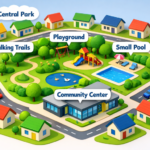 Colorful illustration of a neighborhood with labeled areas: Central Park, Playground, Small Pool, Walking Trails, and Community Center. Houses encircle the park.