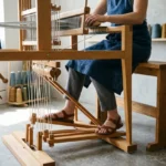An artisan sitting at a traditional weaving loom, demonstrating the double treadle design with both feet placed on separate pedals