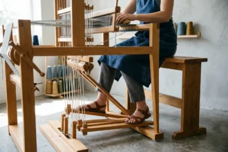 An artisan sitting at a traditional weaving loom, demonstrating the double treadle design with both feet placed on separate pedals