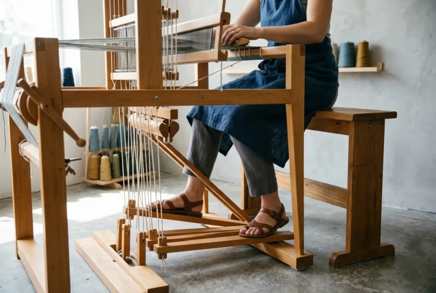 An artisan sitting at a traditional weaving loom, demonstrating the double treadle design with both feet placed on separate pedals