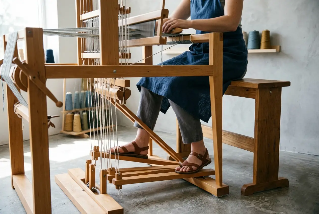 An artisan sitting at a traditional weaving loom, demonstrating the double treadle design with both feet placed on separate pedals