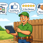 A cheerful handyman stands by a fence, holding a tablet, with thought bubbles showing "Business Website," "Social Media," "5-Star Reviews," and "More Leads."