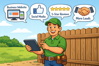 A cheerful handyman stands by a fence, holding a tablet, with thought bubbles showing "Business Website," "Social Media," "5-Star Reviews," and "More Leads."