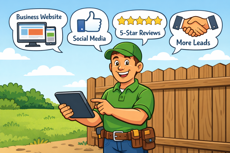 A cheerful handyman stands by a fence, holding a tablet, with thought bubbles showing "Business Website," "Social Media," "5-Star Reviews," and "More Leads."