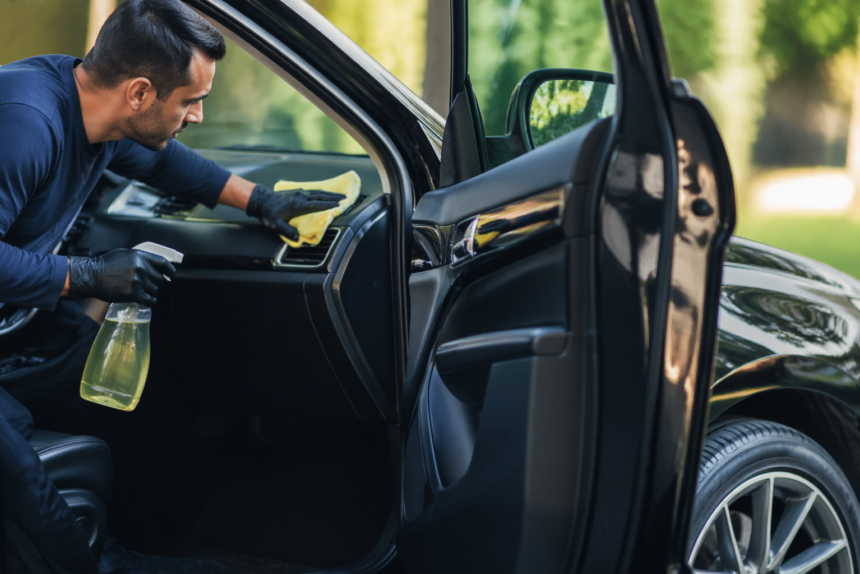 Flash Car Cleaner being used on a car dashboard and exterior door panel for fast cleaning