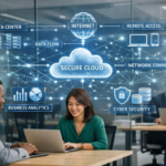 A professional office setting with people working on laptops. A digital graphic shows terms like "Secure Cloud" and "Cyber Security," conveying a tech-focused theme.