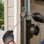 Technician performing garage door cable replacement near me service on a residential garage door