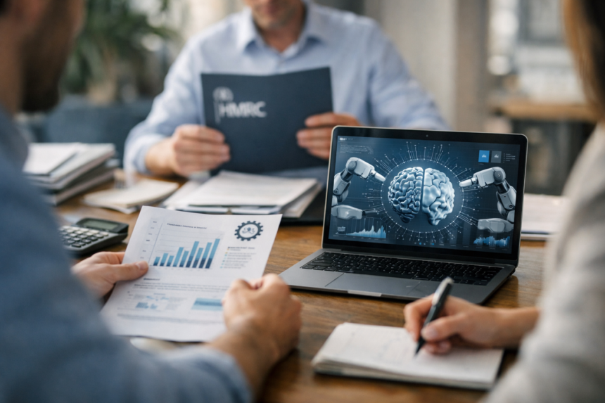 HMRC R&D Tax Claim Transparency AI concept showing UK tax compliance, digital records, and business innovation review